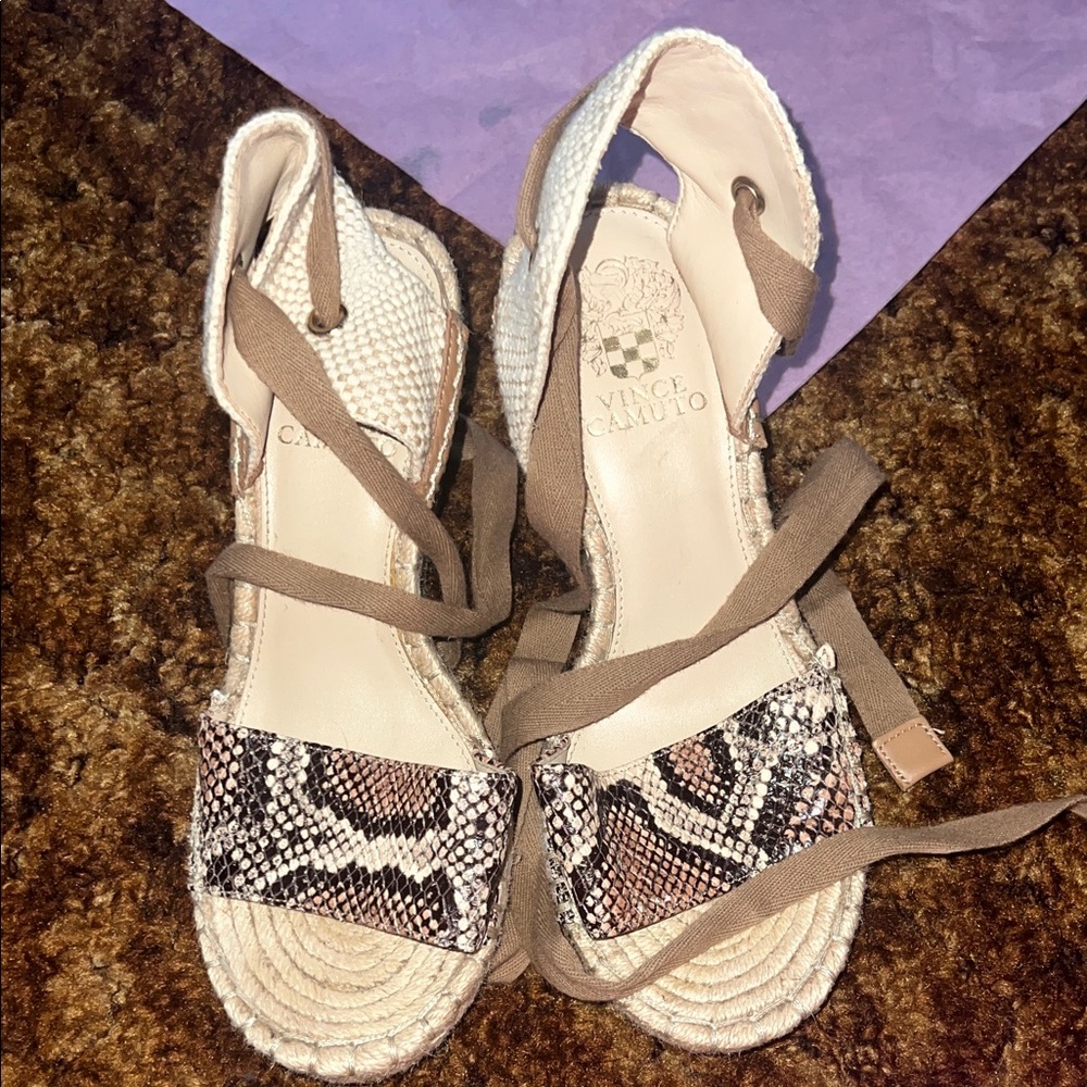 Vince Camuto Snakeskin Espadrille Sandals - Cream and Brown